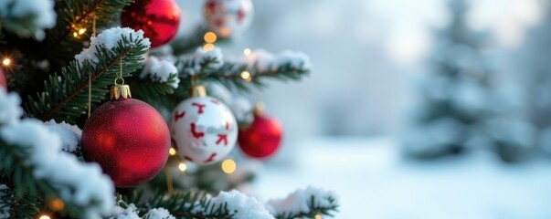 Christmas tree with elegant red and white ornaments against snowy background, ornaments, white, red