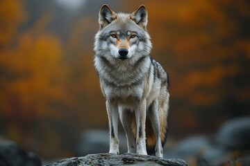 Fototapeta premium Angry wolf standing on top of rocks under a dark sky with clouds, dramatic lighting, hyper-realistic.