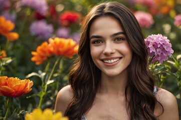 Naklejka premium Young woman smiling outdoors surrounded by vibrant flowers in a colorful garden setting, evoking joy and natural beauty during a bright spring day.