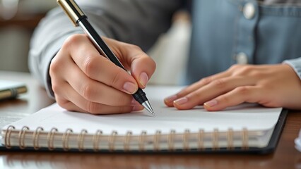 Close-Up of Hand Writing in Notebook with Pen on Wooden Surface