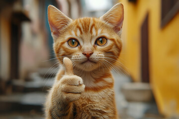 Image of a yellow cat giving a thumbs up with one hand with a cat expression in a narrow European alleyway