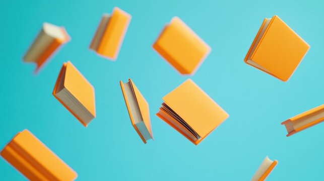 Orange books floating, blue background, education concept (1)