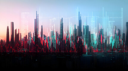 Futuristic City Skyline at Night with Data Graphics