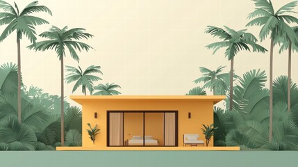 Fototapeta premium Modern Minimalist House Surrounded by Lush Palm Trees - Contemporary Tropical Living Architectural Inspiration