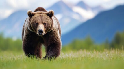 Fototapeta premium 4.A North American brown bear walking confidently in a grassy field, with the blurred silhouette of mountains and the soft blue sky as a backdrop. The bearâ€™s posture is proud, and it looks directly