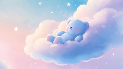 59.A peaceful scene of a teddy bear gently sleeping on a fluffy cloud in a dreamy sky. The illustration features pastel shades of blue, pink, and lavender, with the teddy bear in a relaxed pose, eyes