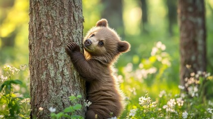 Fototapeta premium 50.A playful brown bear cub with fluffy fur hugs a tree in the vibrant, green spring forest. Its small paws grasp the trunk of the tree as it gazes curiously up at the world around it. The