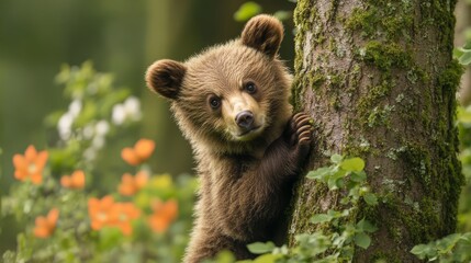Fototapeta premium 52.A playful brown bear cub wraps its small paws around the trunk of a tree, embracing it in the heart of spring. The forest is lush with fresh green foliage, flowers blooming in the background, and