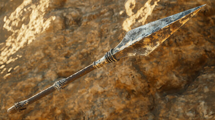 Antique Spear Throwing Forcefully Captured in Stunning Detail Against Rocky Background