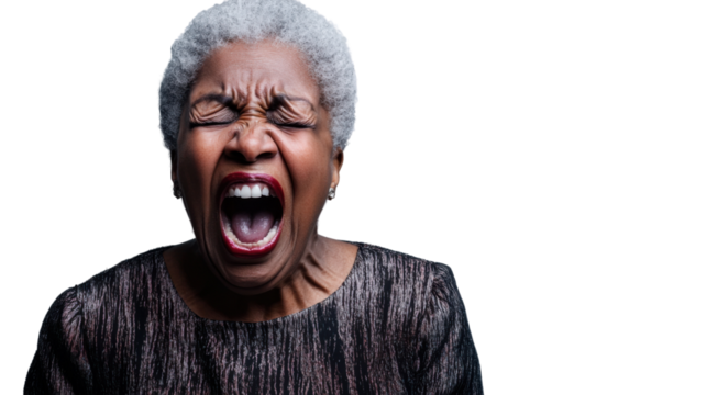 Senior black woman shouting with transparent background