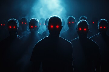 Silhouetted figures with glowing red eyes stand together in darkness