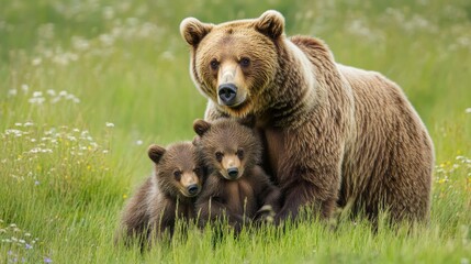 Naklejka premium 23.A protective mother brown bear, Ursus arctos, standing in a grassy meadow with her two fluffy cubs close by. The cubs are playfully nuzzling against their mother, and the maternal bond is clear in