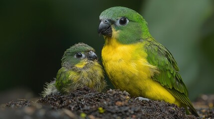 Fototapeta premium Adult and baby yellow faced parrots nestled together