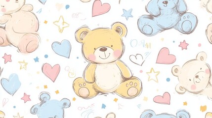 68.A seamless pattern featuring adorable hand-drawn teddy bears in various poses, some sitting, some lying down, all surrounded by colorful stars, hearts, and playful doodles. The bears are drawn in