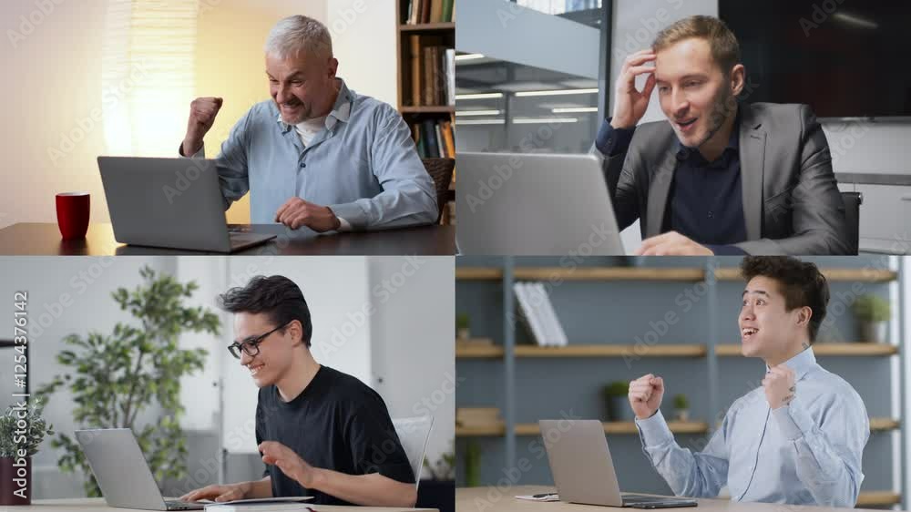 Poster four people are focused on their laptops in distinct settings, showcasing the diverse environments w