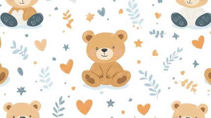 Fototapeta premium 72.A seamless vector pattern featuring hand-drawn teddy bears in cute poses, such as sitting, sleeping, and standing, surrounded by playful hearts, stars, and tiny leaves. The light pastel palette