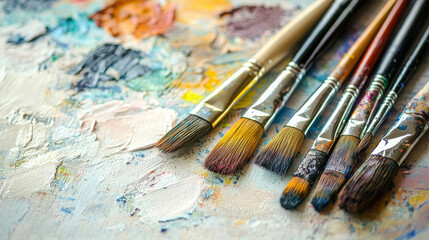 Obraz premium Artistic Arrangement of Paintbrushes on a Colorful Palette of Watercolors and Paints