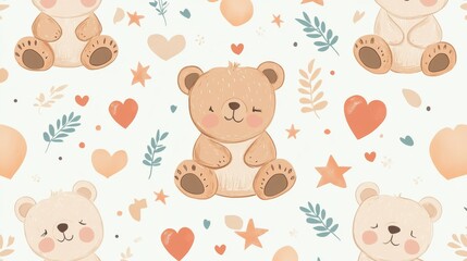 72.A seamless vector pattern featuring hand-drawn teddy bears in cute poses, such as sitting, sleeping, and standing, surrounded by playful hearts, stars, and tiny leaves. The light pastel palette