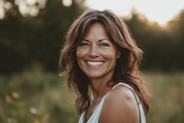A smiling woman with brown hair outdoors in nature
