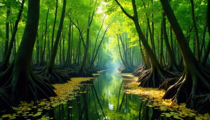 Fototapeta premium Dense mangrove forest with yellow green leaves on the ground, wetland, tropical