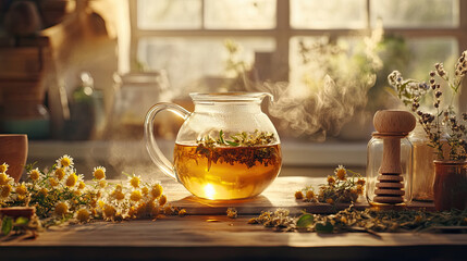 Herbal Tea Infusing in Clear Glass Kettle with Fresh Ingredients