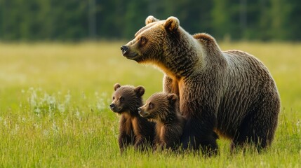 Fototapeta premium 20.A tender moment between a protective female brown bear and her two cubs, surrounded by a lush green meadow. The mother bear stands tall and strong, with her cubs nestled closely at her side. The