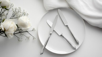 Elegant white table setting with silverware and flowers
