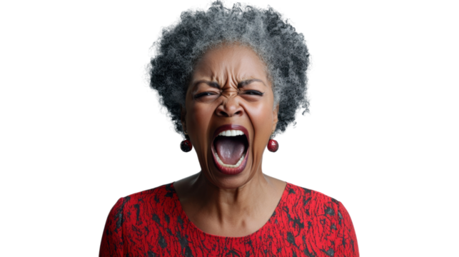 Angry senior black woman screaming with transparent background