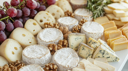Assorted Artisan Cheeses with Grapes and Nuts on a White Serving Platter