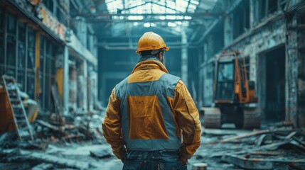 Fototapeta premium Construction Worker in Industrial Site with Heavy Machinery Overview