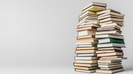Tall Stack Of Books On Light Gray Background