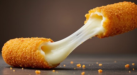 A mozzarella stick with melted cheese stretching as it’s pulled apart.
