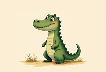 Fototapeta premium Cute Happy Crocodile Art - Neutral Muted Colors, Watercolor Illustration Style, Children's Book Illustration, Pale Beige Background, Whimsical and Charming.