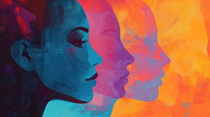 Abstract Representation of Female Faces in Vibrant Colors and Shadows