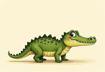 Obraz premium Cute Crocodile Watercolor Illustration - Neutral Muted Colors, Simple and Minimalistic, Pale Beige Cream Background, Children's Book Style, Happy and Charming.