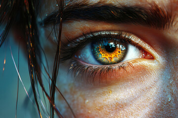 Close-up photo of one eye on the sun-kissed face of a woman with yellow and light green eyes without makeup