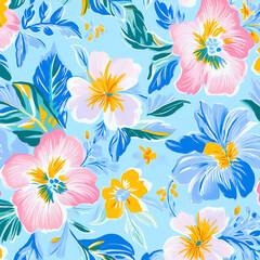 A blue and pink floral print with yellow flowers