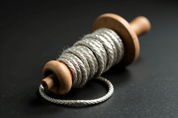Elegant silver thread wrapped around a wooden spindle, cord wrapping, textile supply
