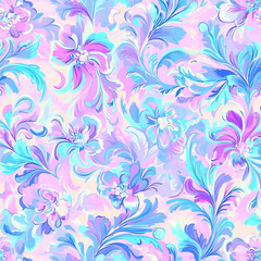 A floral pattern with blue and pink flowers