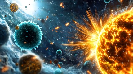 Cosmic Collision: Fiery Celestial Bodies - Abstract space backgrounds