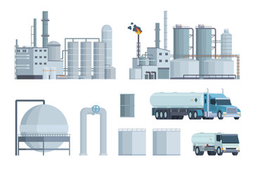 Oil refinery set or collection vector illustration. Editable chemical factory design with modular industrial elements