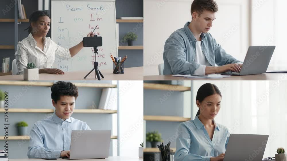 Poster a diverse group participates in an online language lesson, with one person teaching and others focus