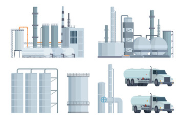 Oil refinery set or collection vector illustration. Editable chemical factory design with modular industrial elements