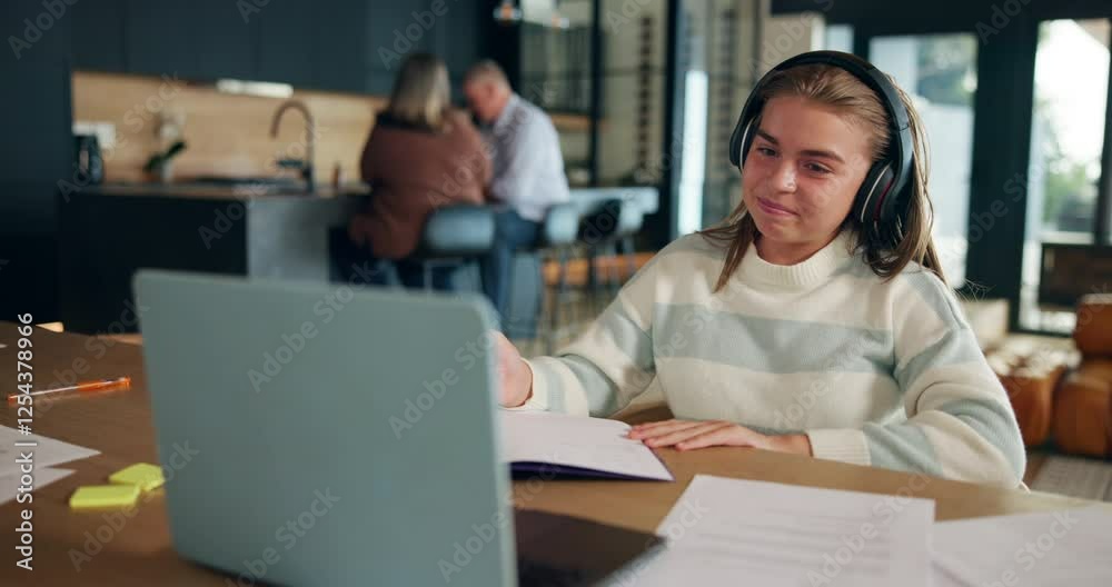 Poster laptop, elearning and child in home on video call raise hand for education, lesson and test. school,