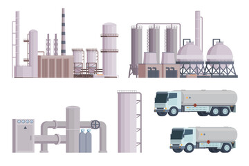 Oil refinery set or collection vector illustration. Editable chemical factory design with modular industrial elements