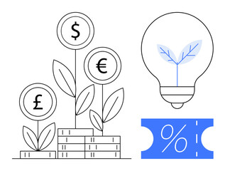 Currency symbols , , on growing plants atop stacked coins, accompanied by a lightbulb with a leaf and a discount ticket. Ideal for finance, investment, savings, growth, innovation eco-friendly