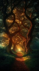 Golden Sunlight Path Through Ancient Trees