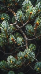Naklejka premium Mountain pine branch detail, textured needles, blurred background, nature wallpaper