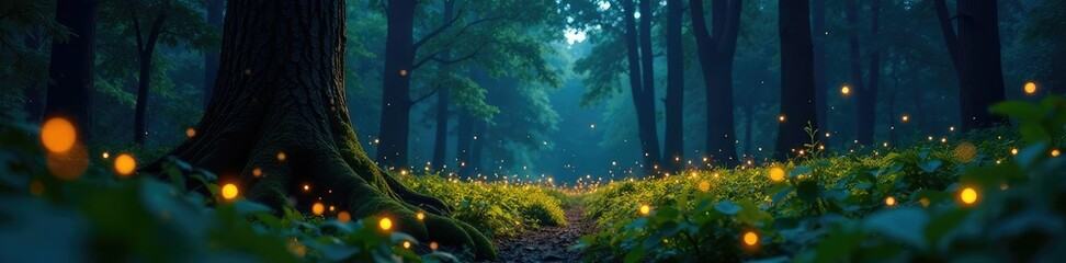 Fototapeta premium Glowing fireflies light up the forest floor with sparkling firelight amidst tall trees and foliage, forest, nature, fireflies
