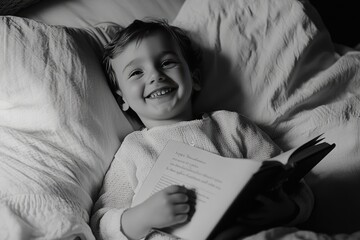 Happy Child Reading Book In Bed At Night